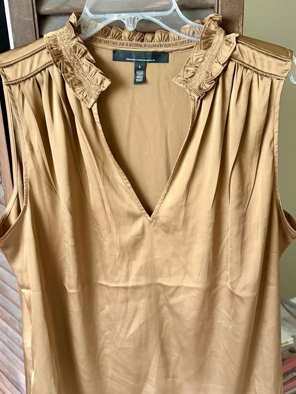 White House Black Market Sleeveless Ruffle Collar Camisole in Tan, worn twice.